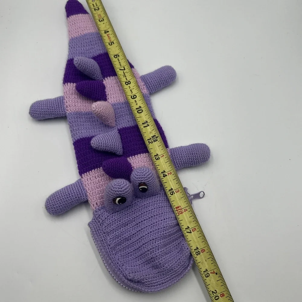 Handmade Crochet Dinosaur Dragon Zip Pouch Coin‎ Purse Bag Purple Stripe Cute